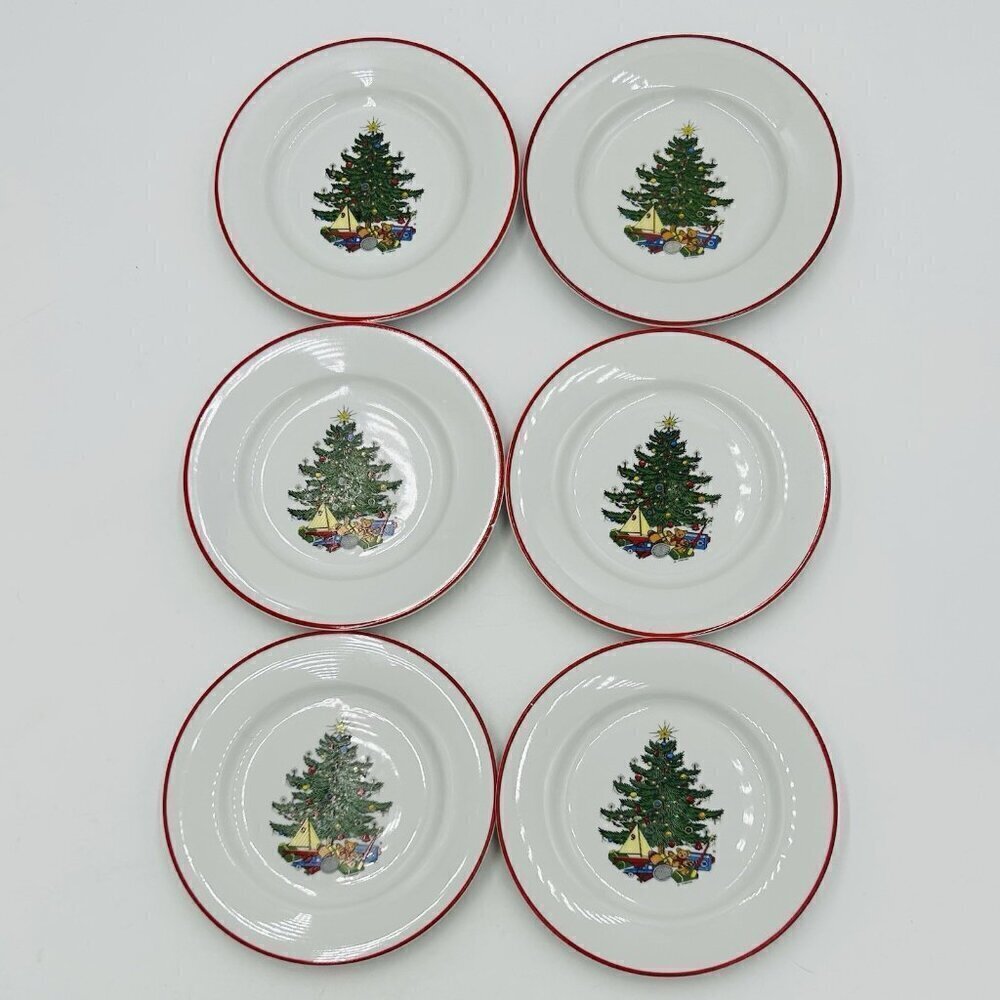 Set Of 6 Cuthbertson American Christmas Tree Bread Plates 6.5" Red Ring Vintage